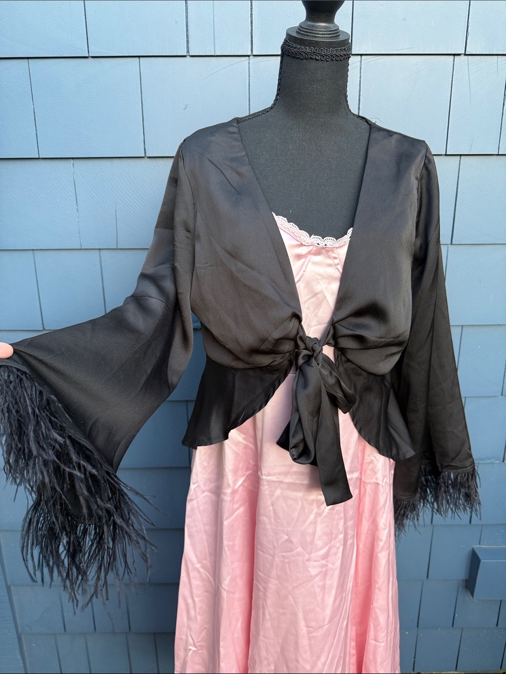 Vici Black Feather-Trim Tie-Front Top large peplum elegant blouse